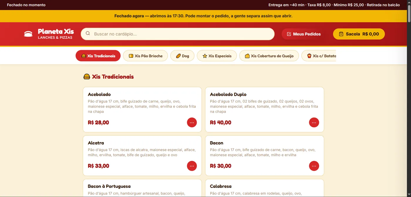 Cardápio do Planeta Xis aberto no computador