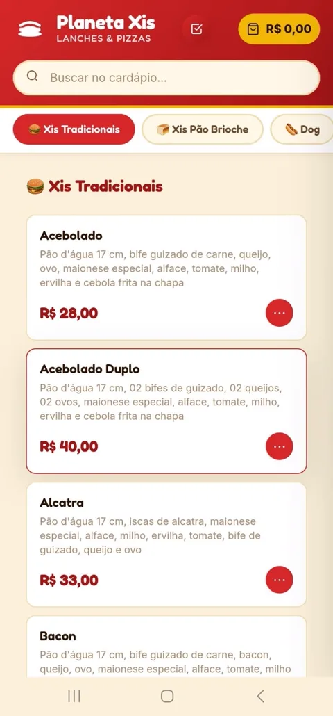 Cardápio do Planeta Xis aberto no celular