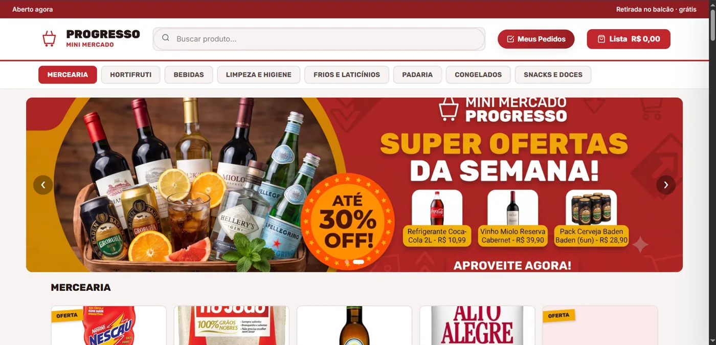 Loja do Mini Mercado Progresso aberta no computador