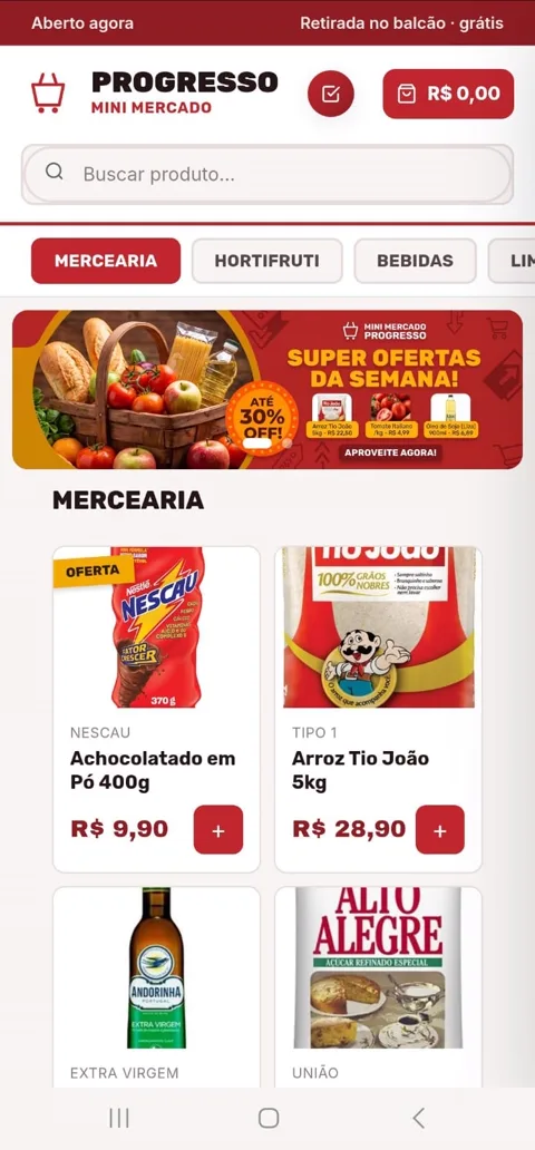 Loja do Mini Mercado Progresso aberta no celular